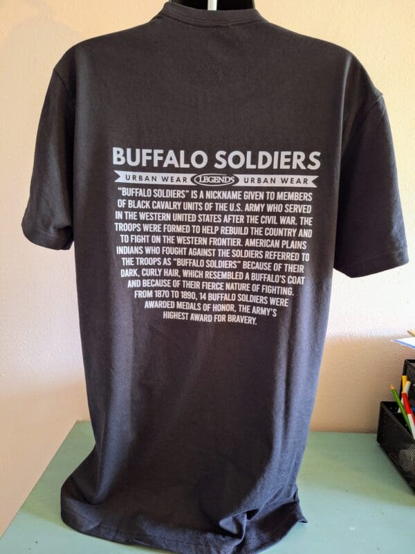 A black shirt with the words buffalo soldiers on it.