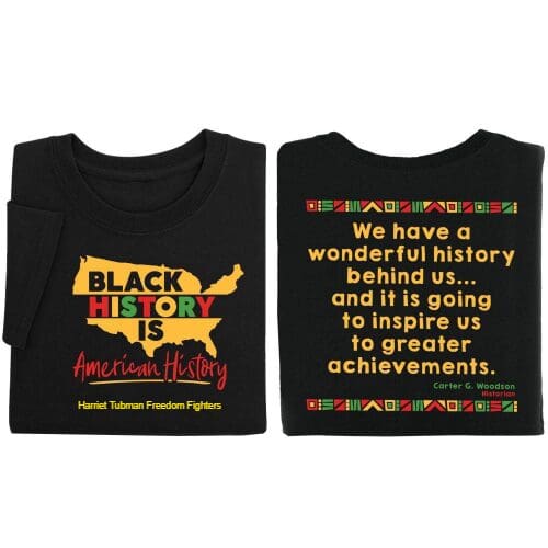 Two black t-shirts with a map of the united states and a quote.