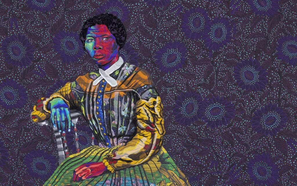 Colorful portrait of seated person with patterns.